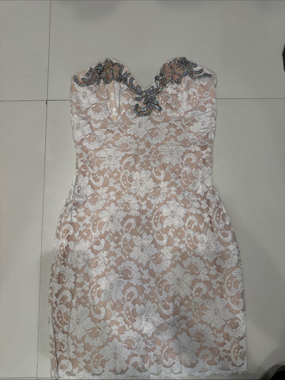Strapless Lace Mini Dress in Blush and White